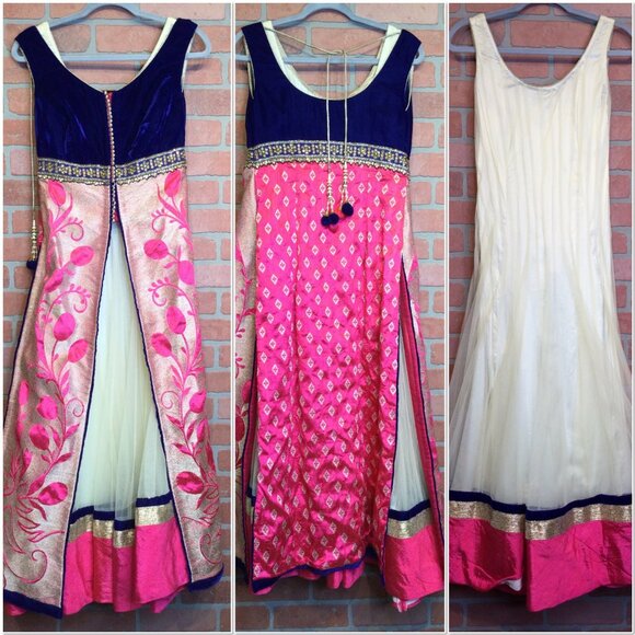 Karishma Womens Traditional Anarkali Gown Embroidered Velvet Mesh Long Dress - Picture 2 of 15